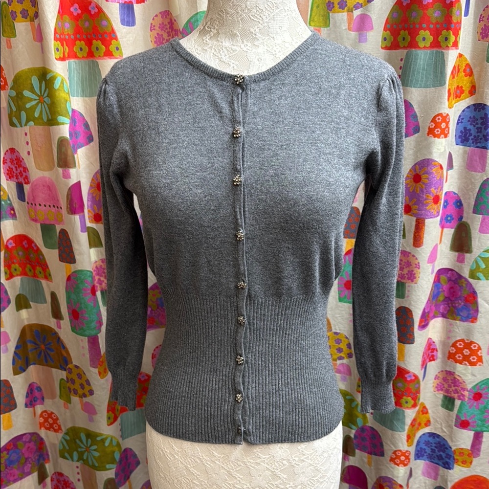 Rampage Sweater with Rhinestone Flower Buttons. Medium